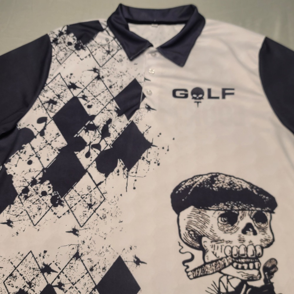 Tattoo Golf Polo Shirt Mens XL White Navy Skeleton Argyle Swing Swear Repeat